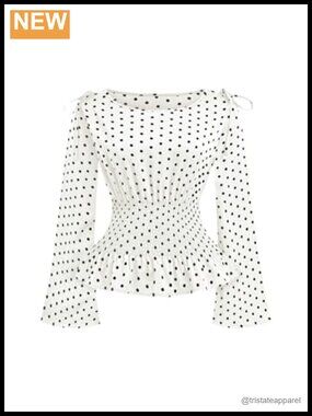 Plus Size Polka Dot Bow Peplum Blouse Long Sleeve Boat Neck Ruffle Top